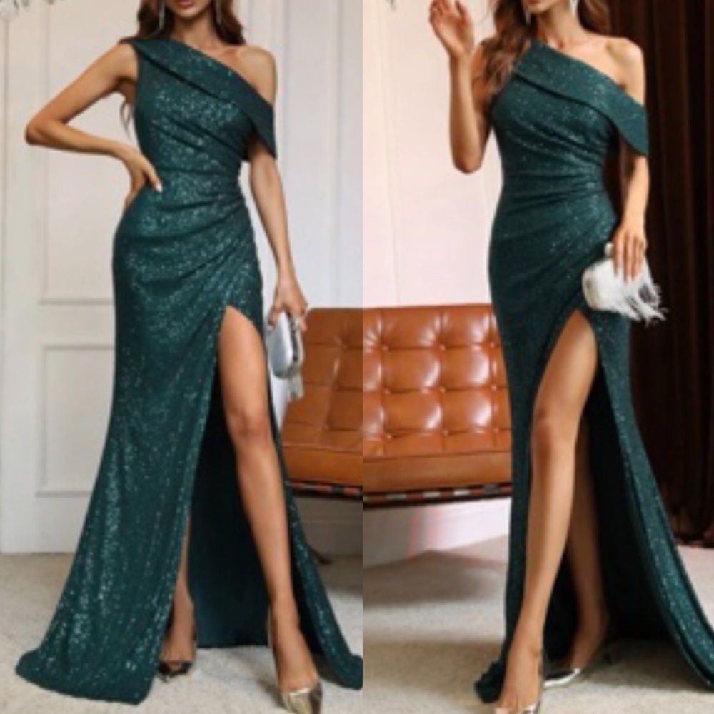 Luxe off shoulder slit thigh party formal holidays Evening sequins dress